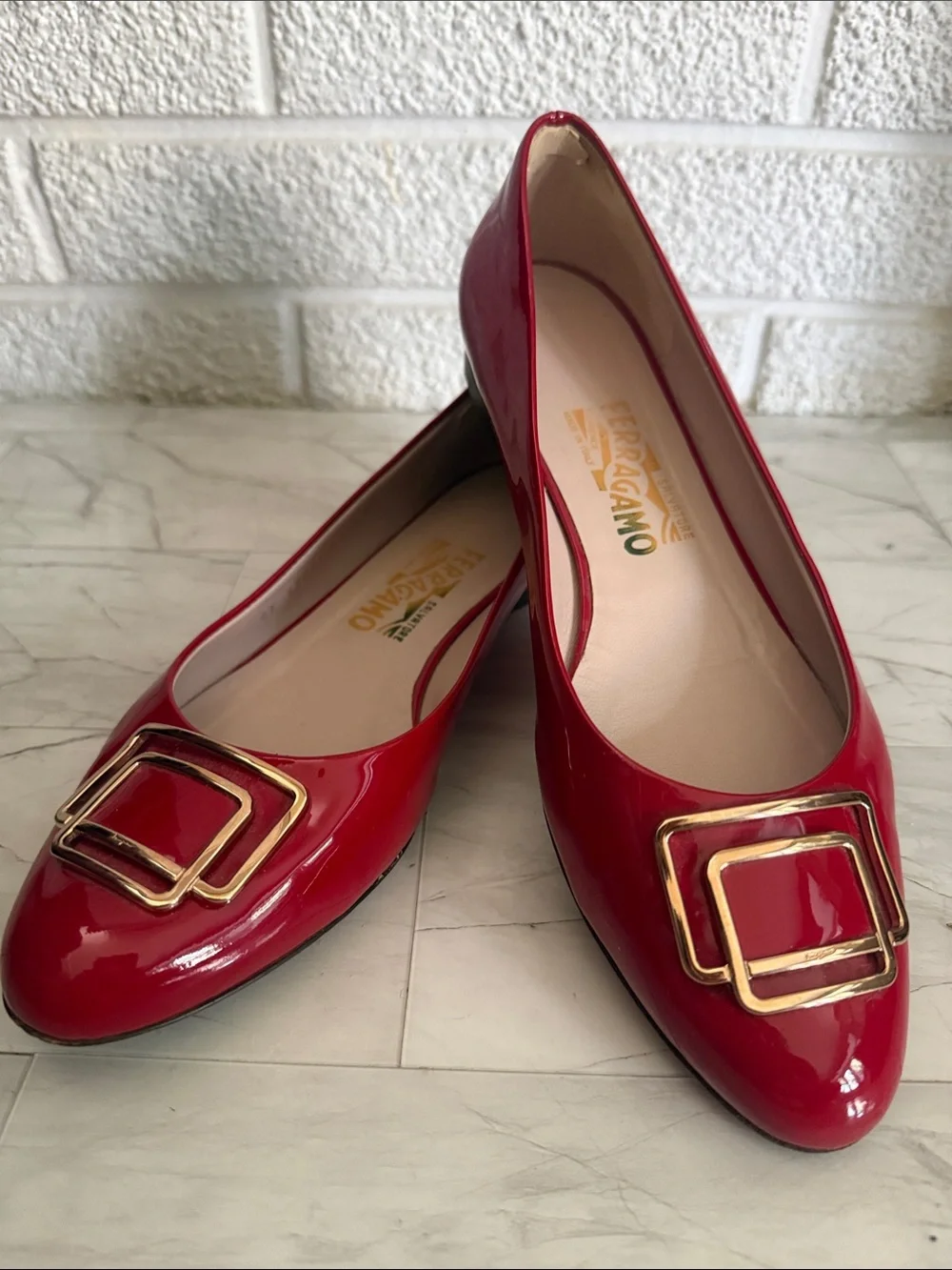 Salvatore Ferragamo Red Patent Leather Buckle Flats with Gold Hardware